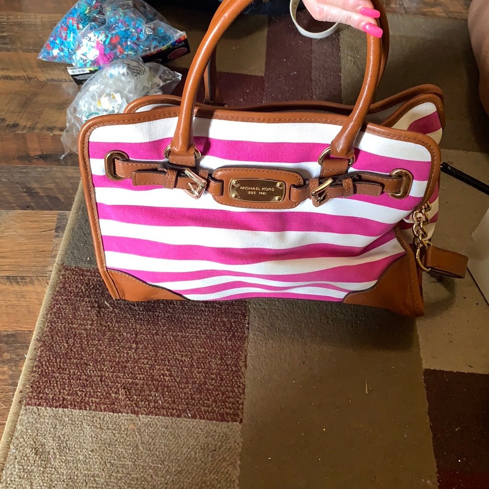 Michael Kors pink and white striped large purse